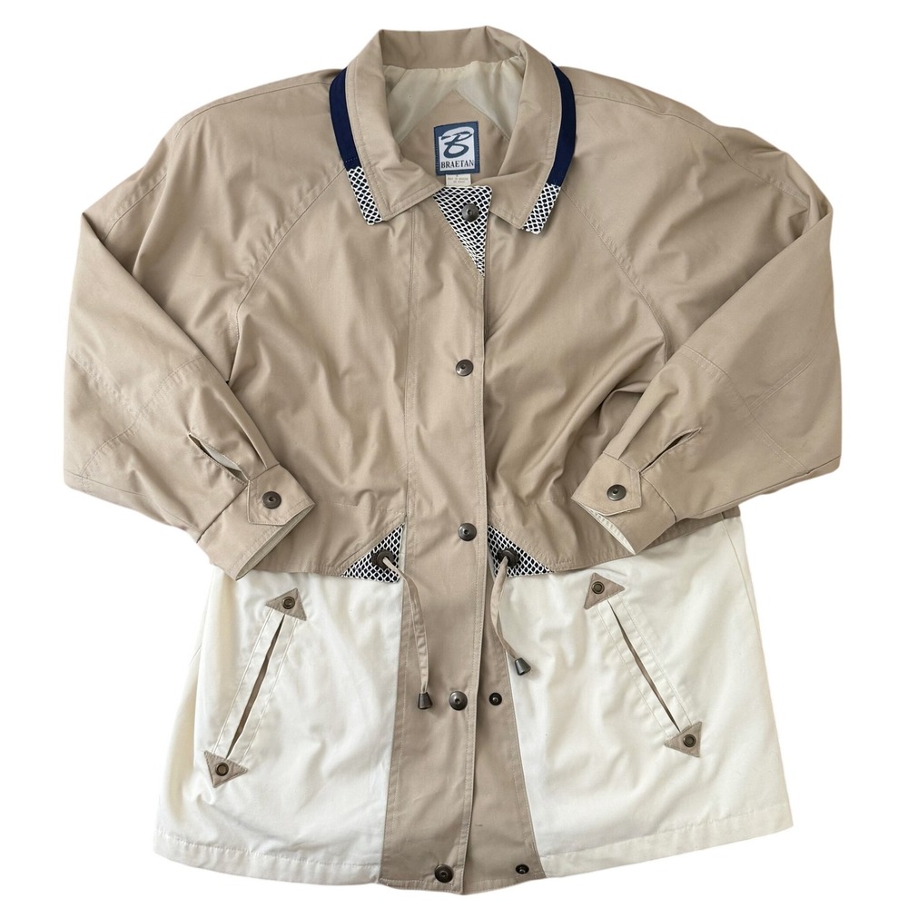 Vintage Womens Two Tone Utility Barn Jacket‎ Size M Tan Cream Drawstring 90s